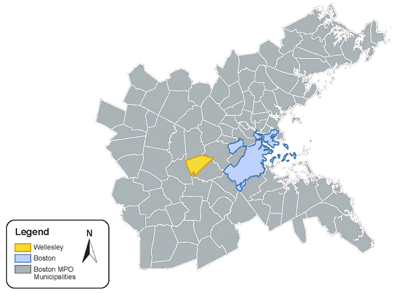 Figure 1 - Wellesley within the Boston MPO Region. A map of the Boston MPO Region that highlights the location of the Town of Wellesley relative to the City of Boston. Figure 1 - Wellesley within the Boston MPO Region. A map of the Boston MPO Region that highlights the location of the Town of Wellesley relative to the City of Boston.